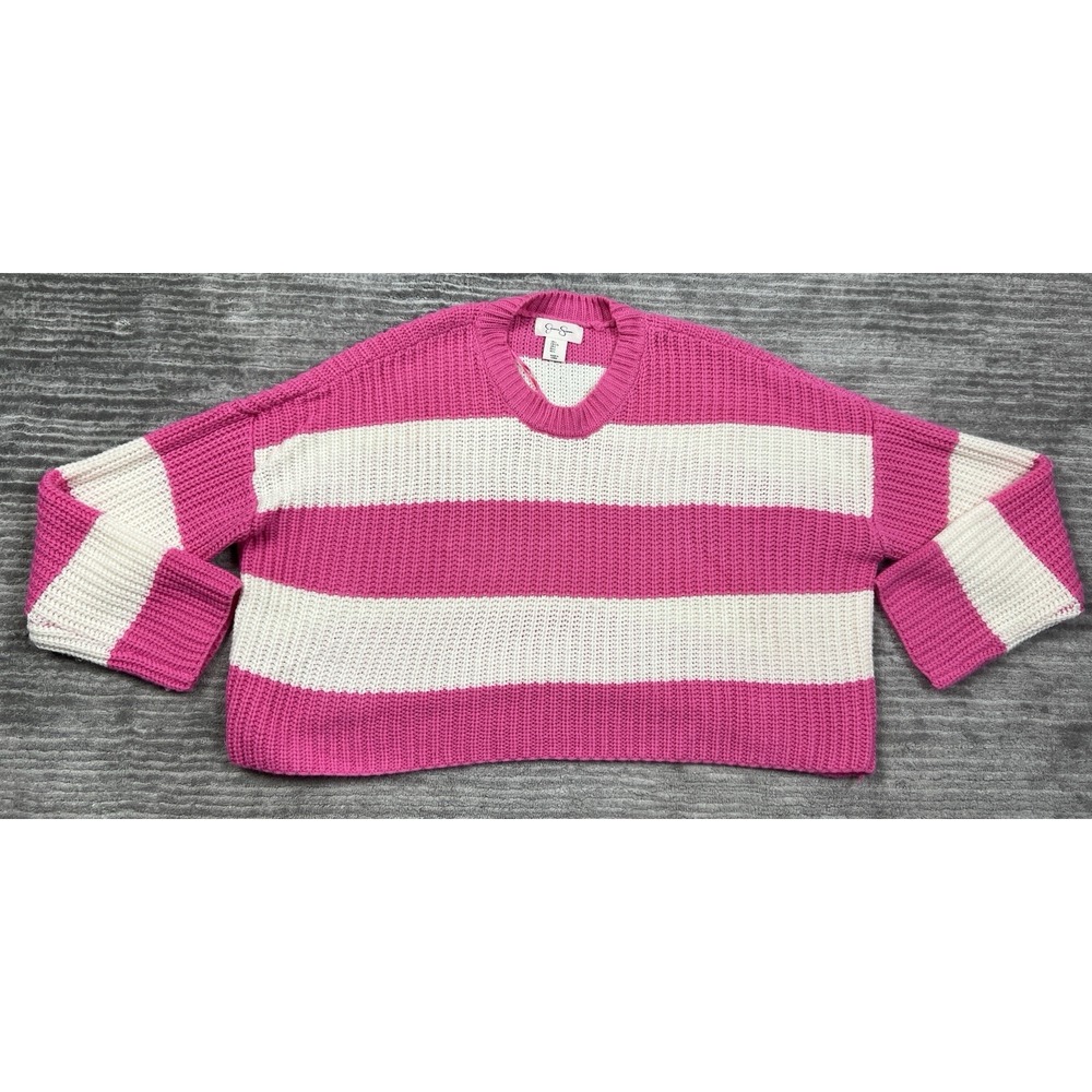 Jessica Simpson Sweater Womens Large Pink Striped Cropped Long Sleeve Acrylic